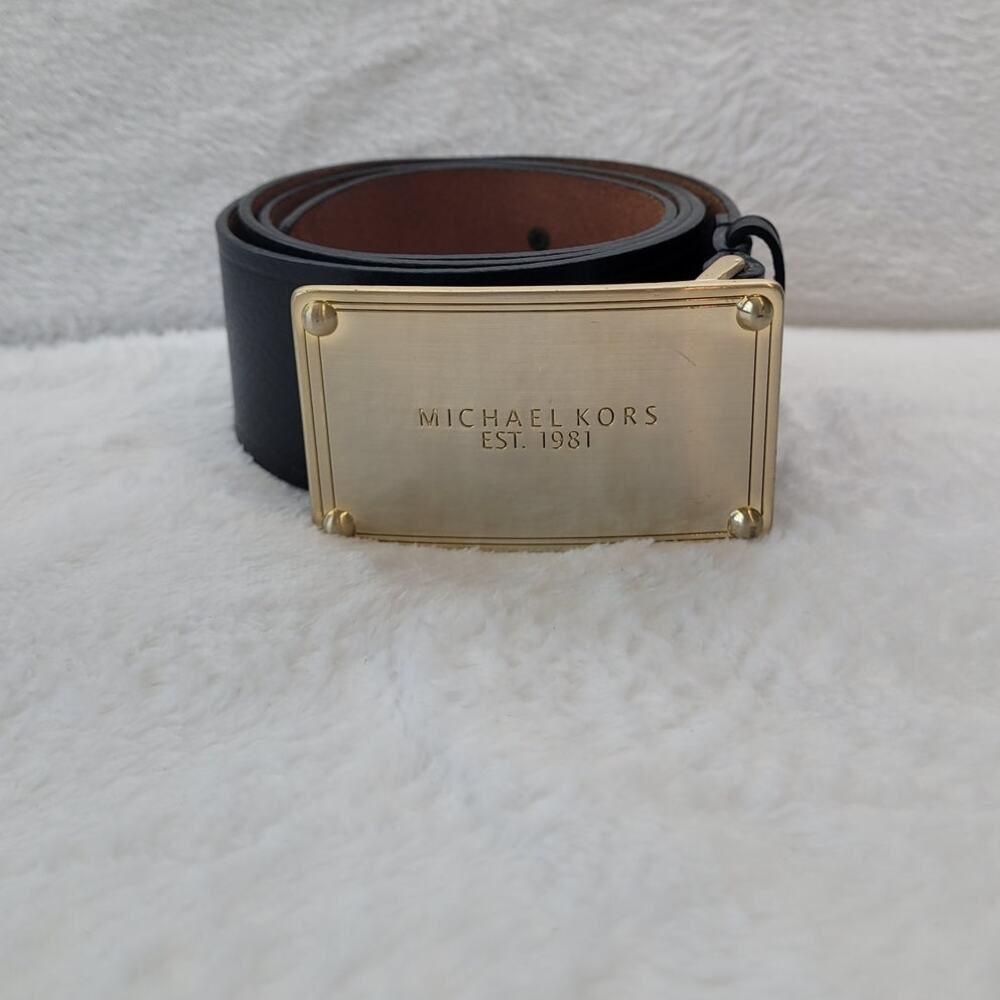 Michael Kors Leather Belt Black Brown Gold Logo XL Luxury Capsule Minimalist